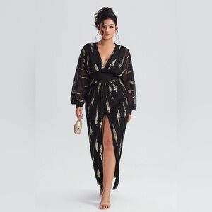 V Neck Sequins Lantern Sleeve Slit Mesh Dress